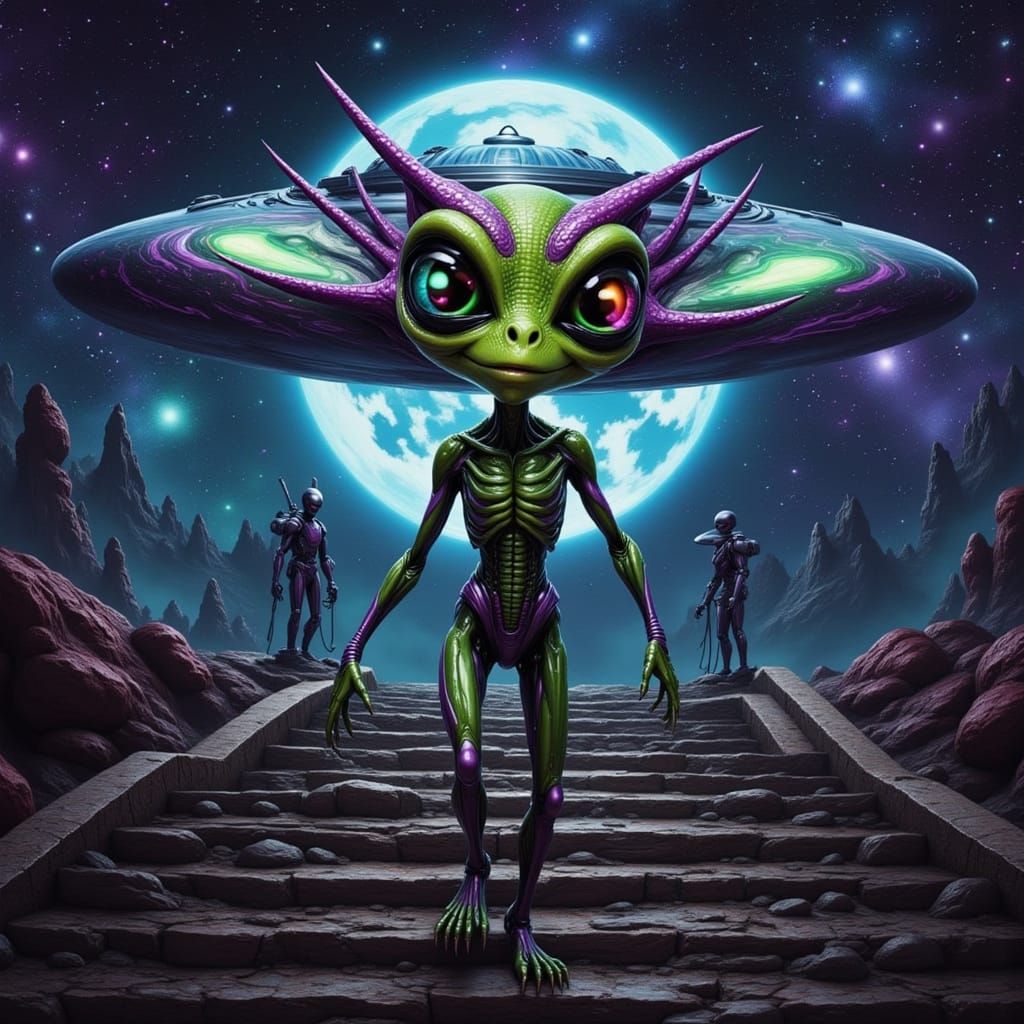 Alien Descends UFO Under Moonlit Night Sky