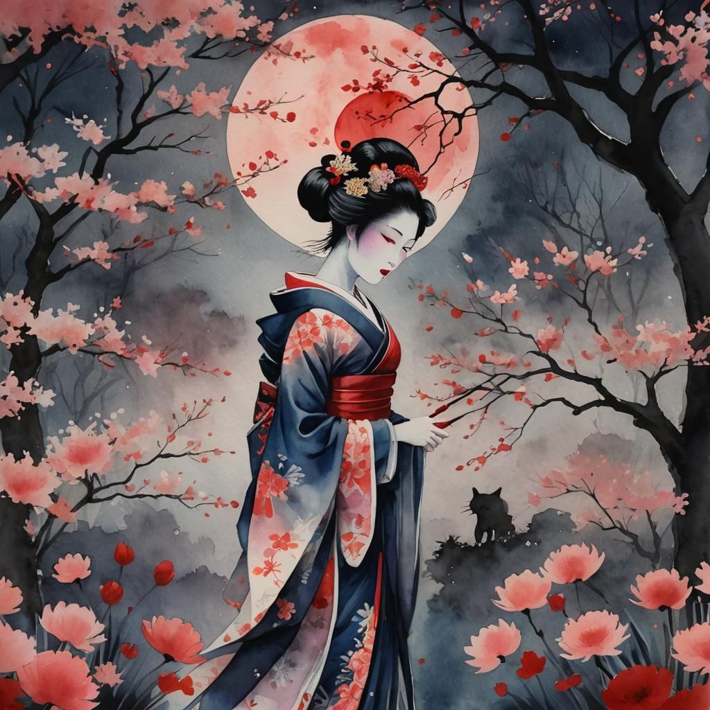 Geisha Silhouette Under Blood Moon: Watercolour Pastel Art