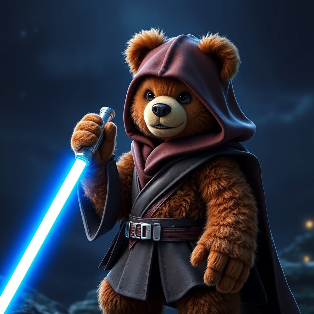 Heroic Star Wars Jedi Teddy Bear with Vibrant Blue Lightsabe...