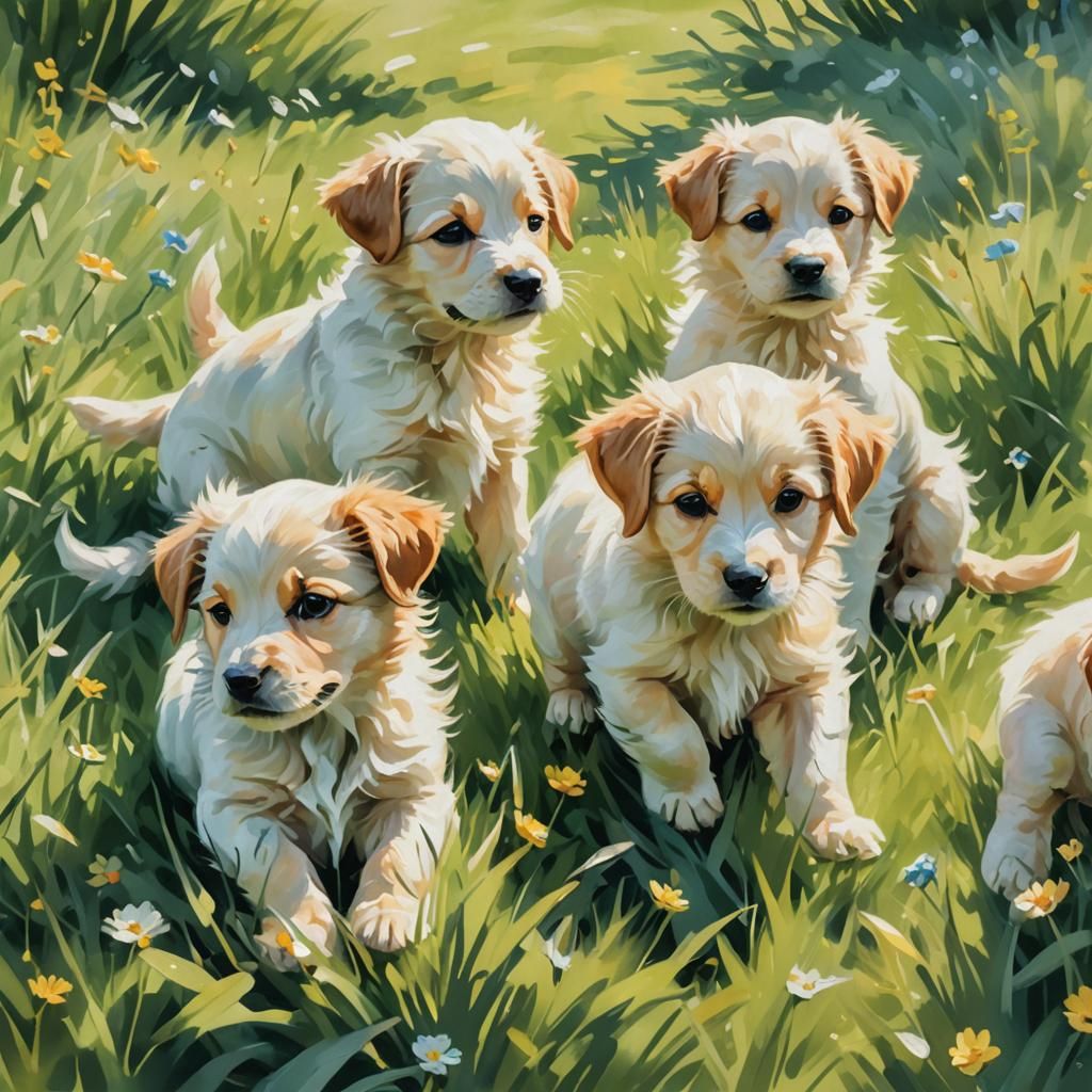 Puppies Playing in Meadow: Impressionist Digital Painting