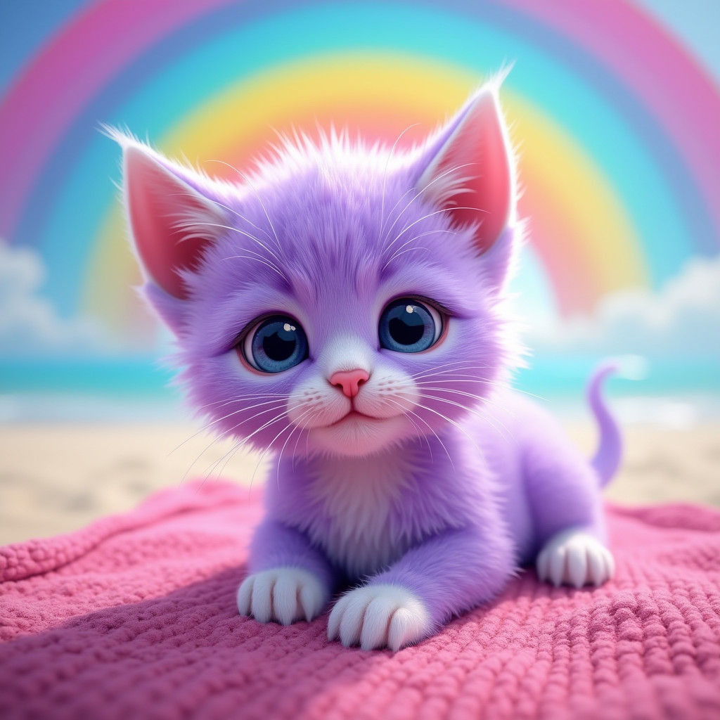 Purple Kitten Lounging Under Rainbow: 3D Digital Art
