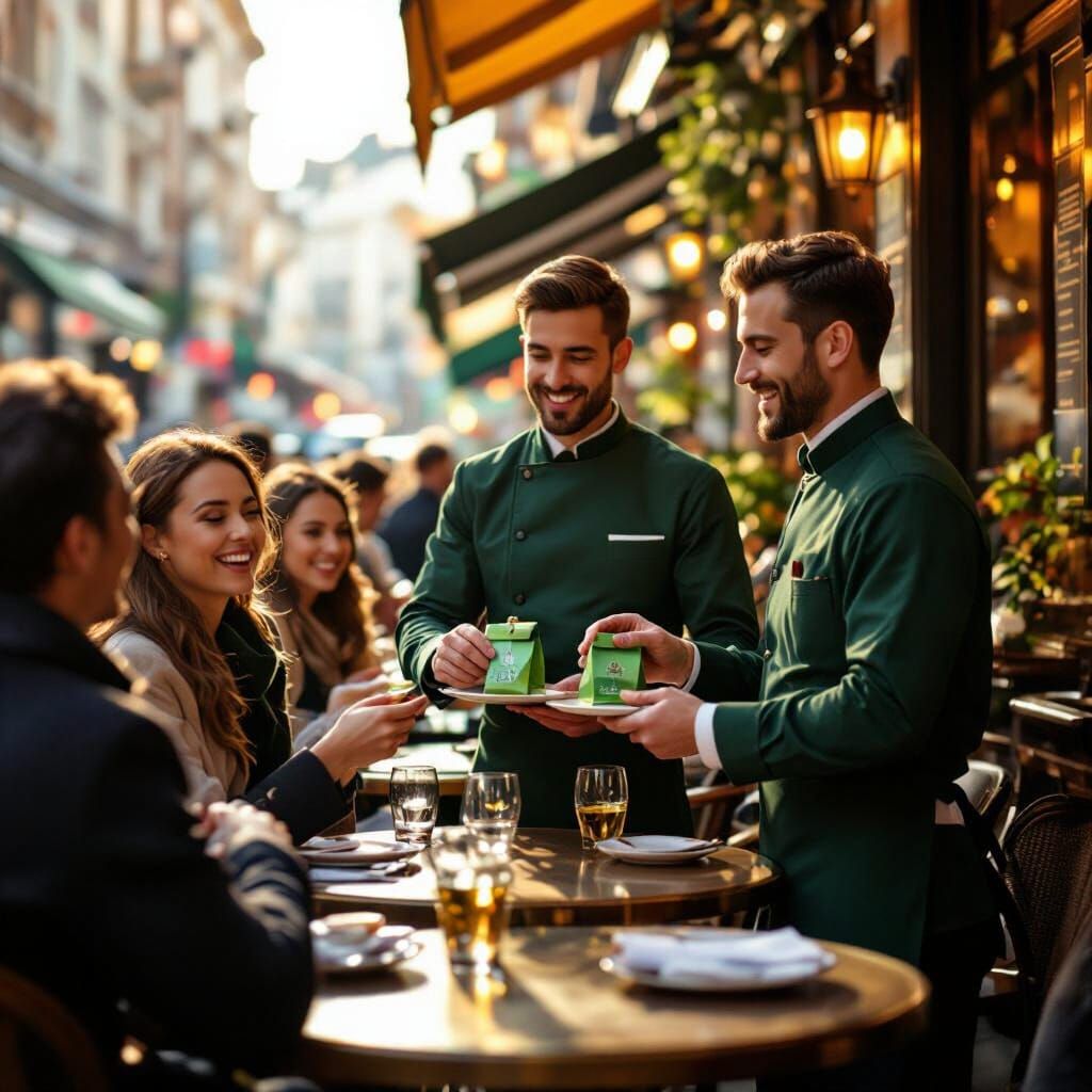 Outdoor Cafe Scene With Waiters Serving Green Bags
