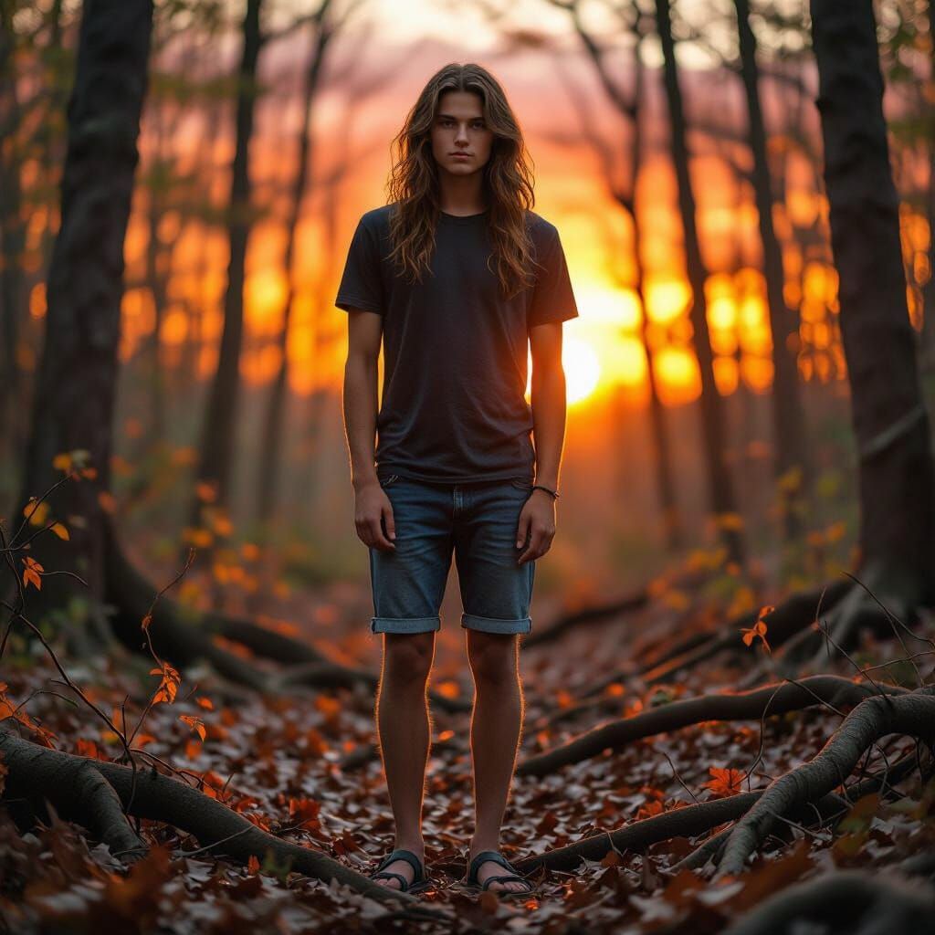Youth Silhouetted Against Crimson Sunset in Forest