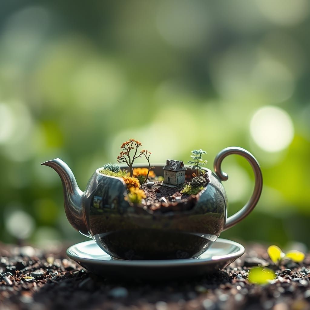 Miniature World Developing in Broken Teapot