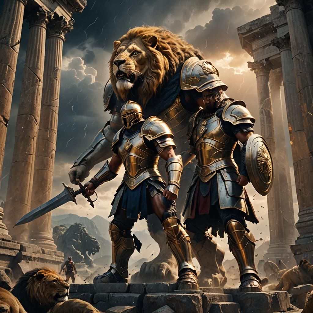 Gladiator Versus Lion on Olympus in Digital Painting