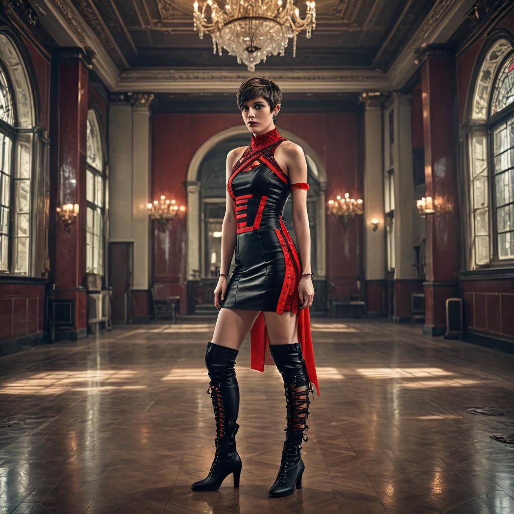 Hyperrealistic Woman in Red Electrical Tape Dress
