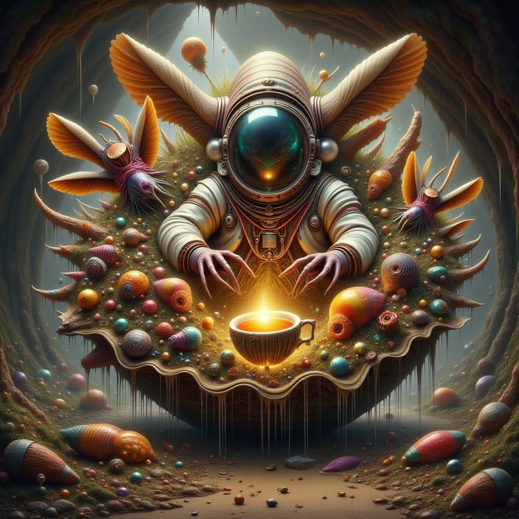 Astronaut Tea Party with Bug Aliens in Cave