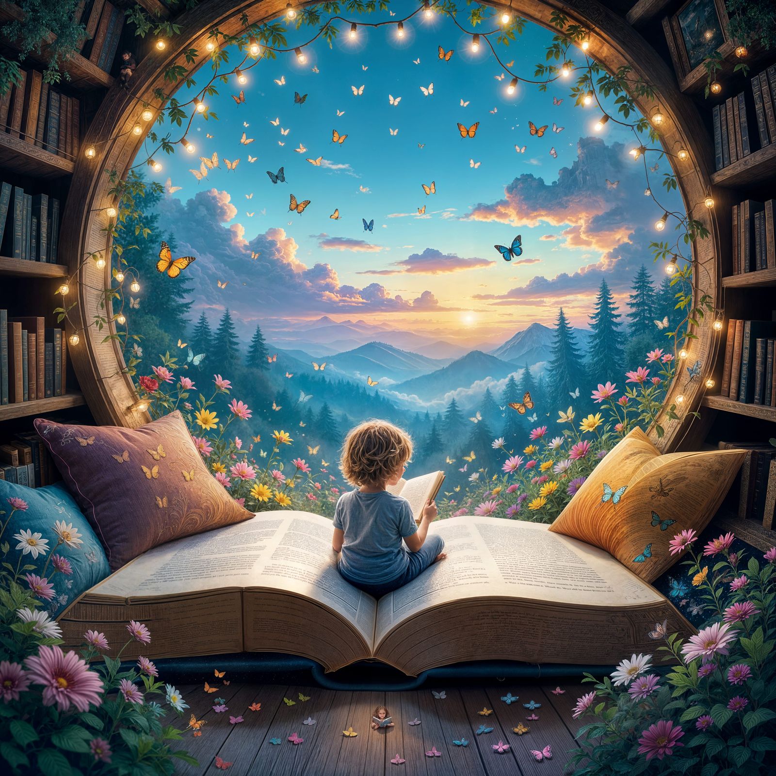 Cozy Reading Nook in Giant Book, Fantasy Illustration