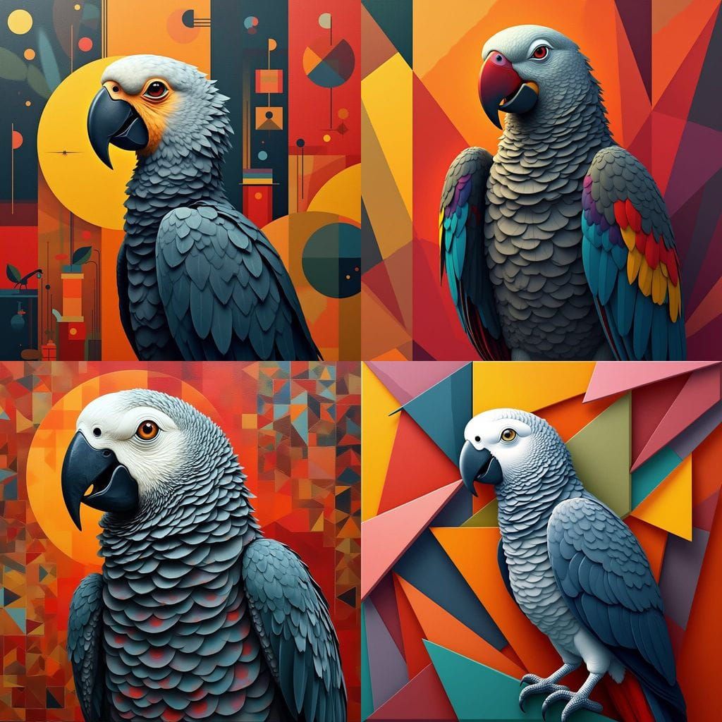 African Grey Parrot: Geometric Cubist Painting