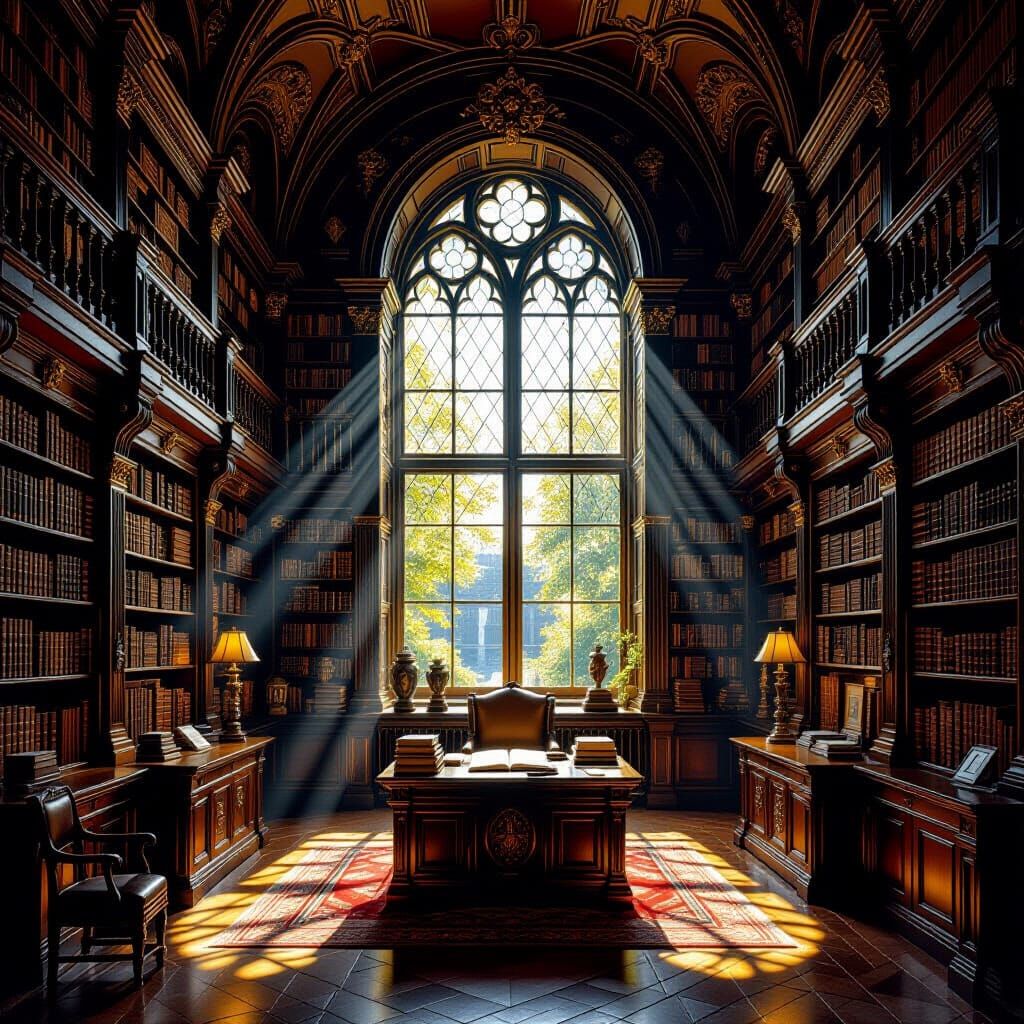 Ornate Library Oil Painting in Dutch Golden Age Style