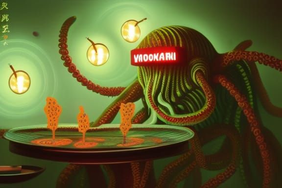 Yayoi Kusama, Cthulhu, Atompunk, Sad Chuthulu eating ramen in a dark lit Tokyo noodle shop, neon lights, 8k high detail,...