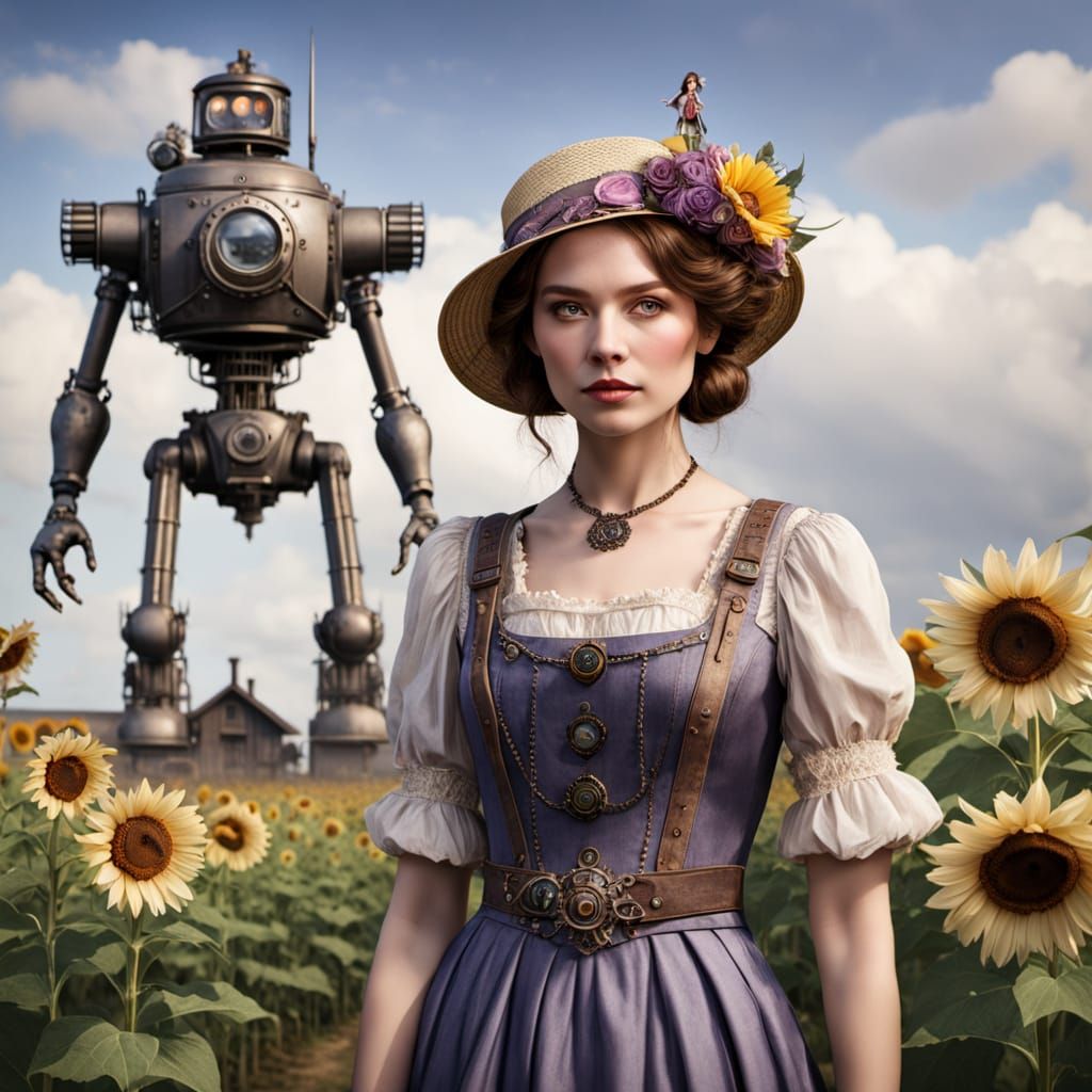 Girl and Robot Scarecrow in Ghibli Style