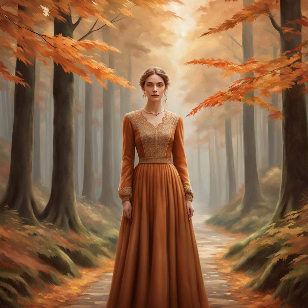 Ethereal Autumn Forest Scene with Woman in Soft Light