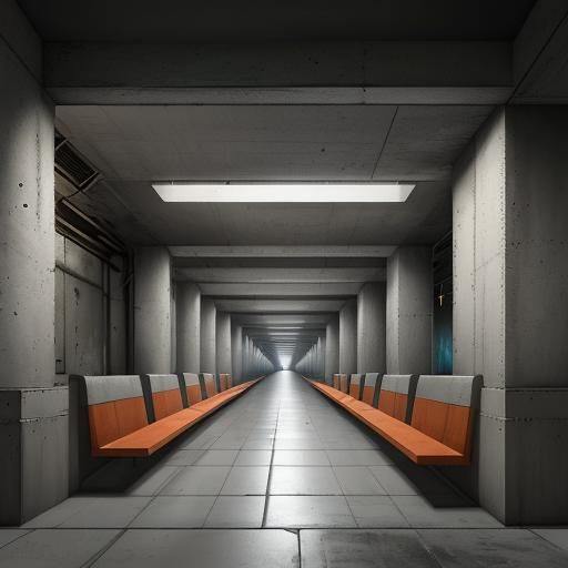 Concrete Cafeteria with Tables in Fantasy Art Style