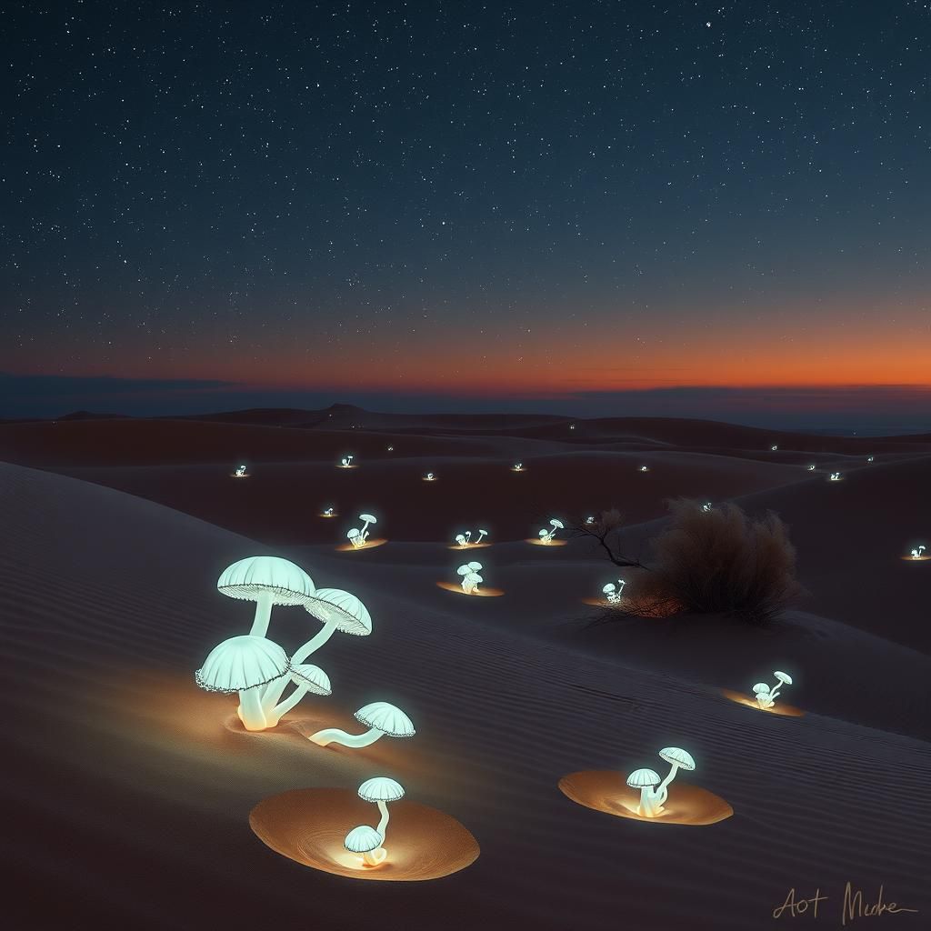 an abstract of a desert with sand creatures that glow in the...