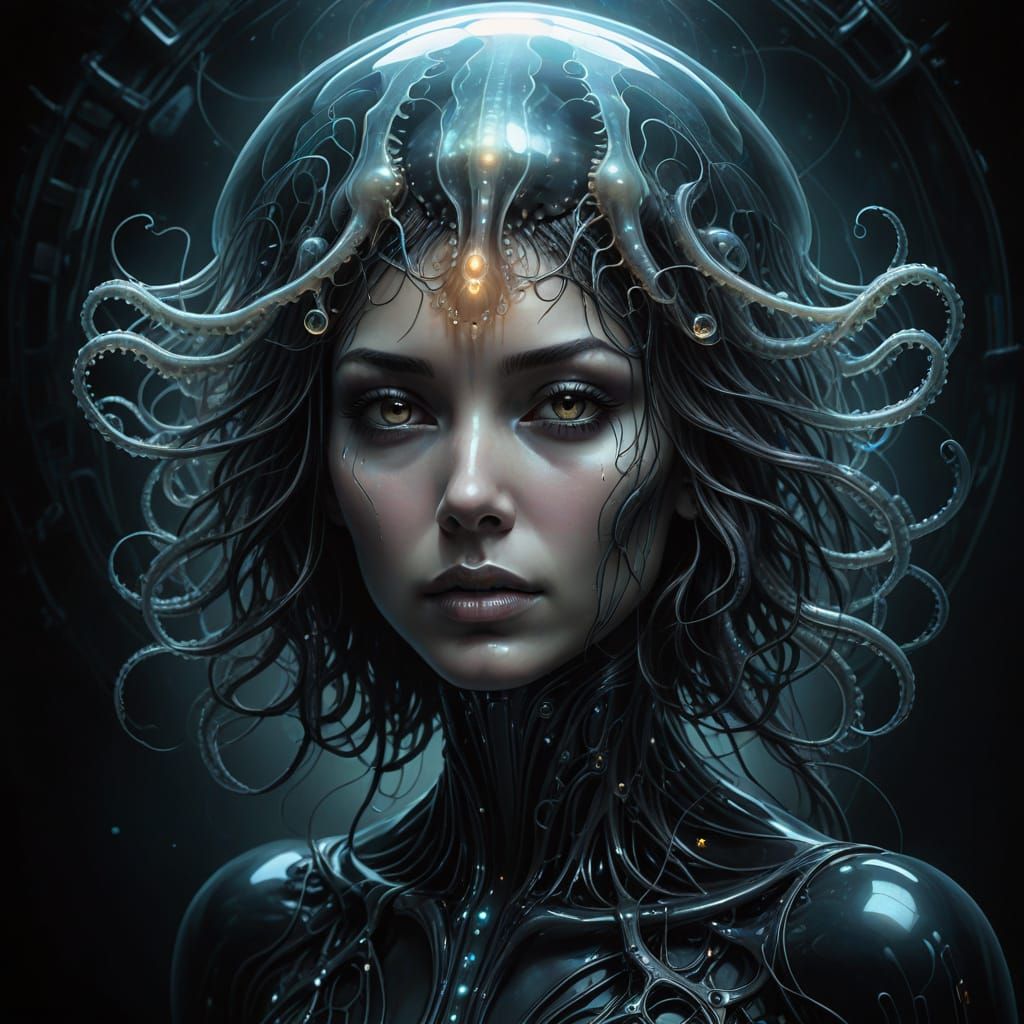 Surreal Woman in Biomechanical Style with Radiant Aura