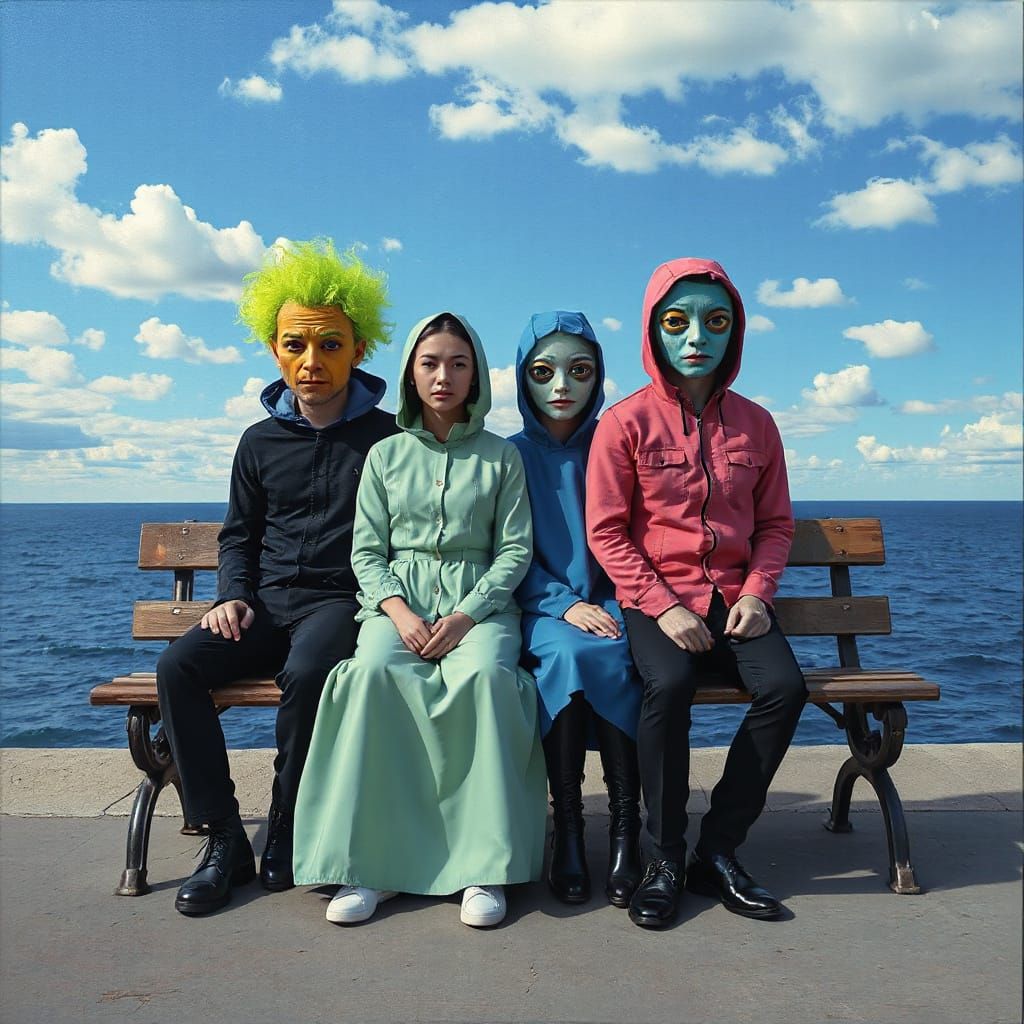 Psychedelic People on Bench with Floating Eyes