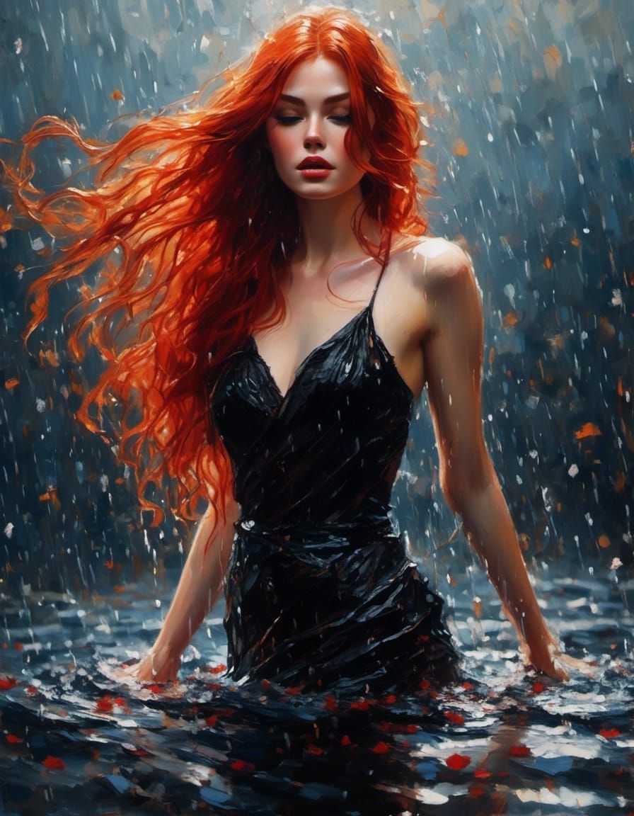 Fiery Redhead Floating in Rainy Lake