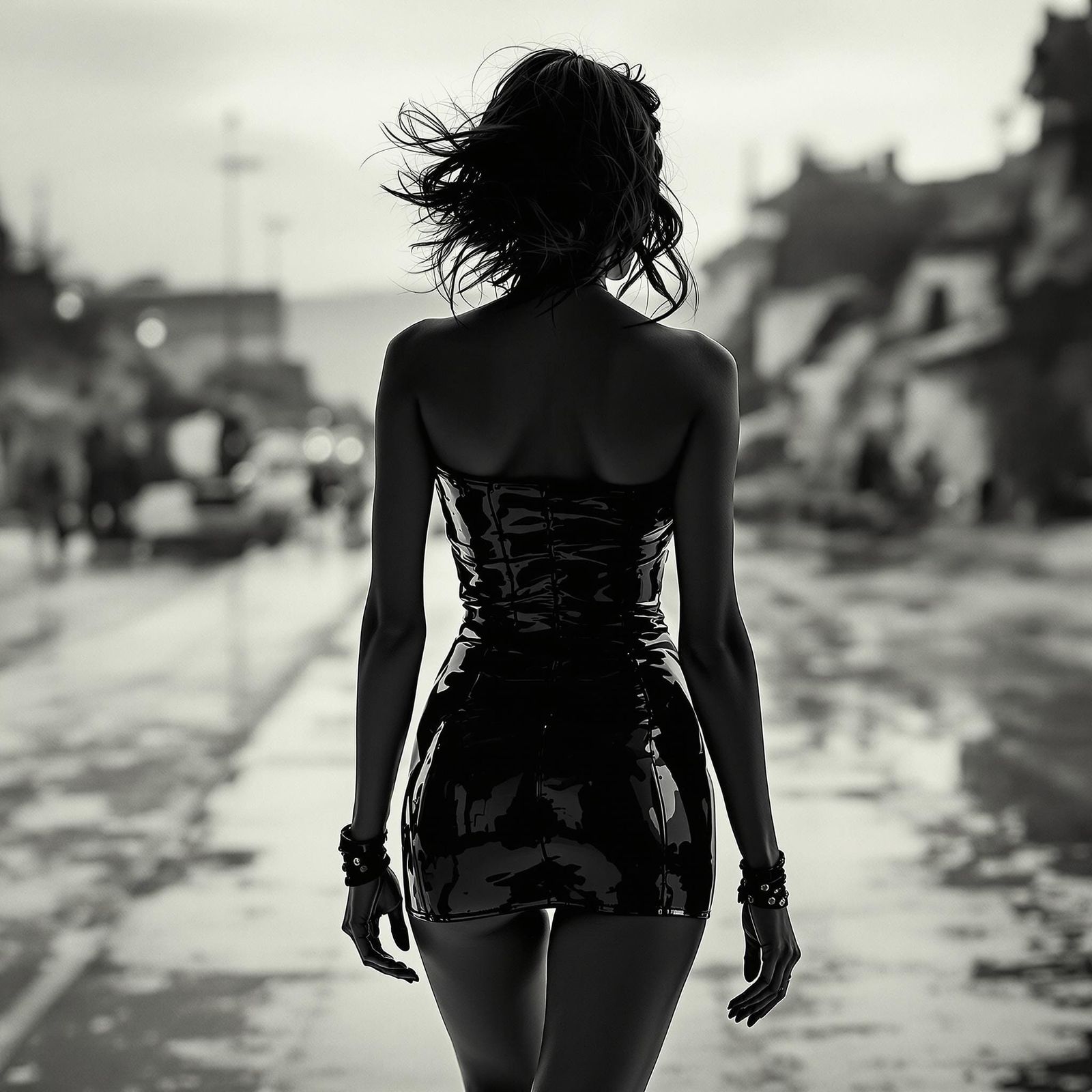 Girl in Leather Miniskirt, Back View