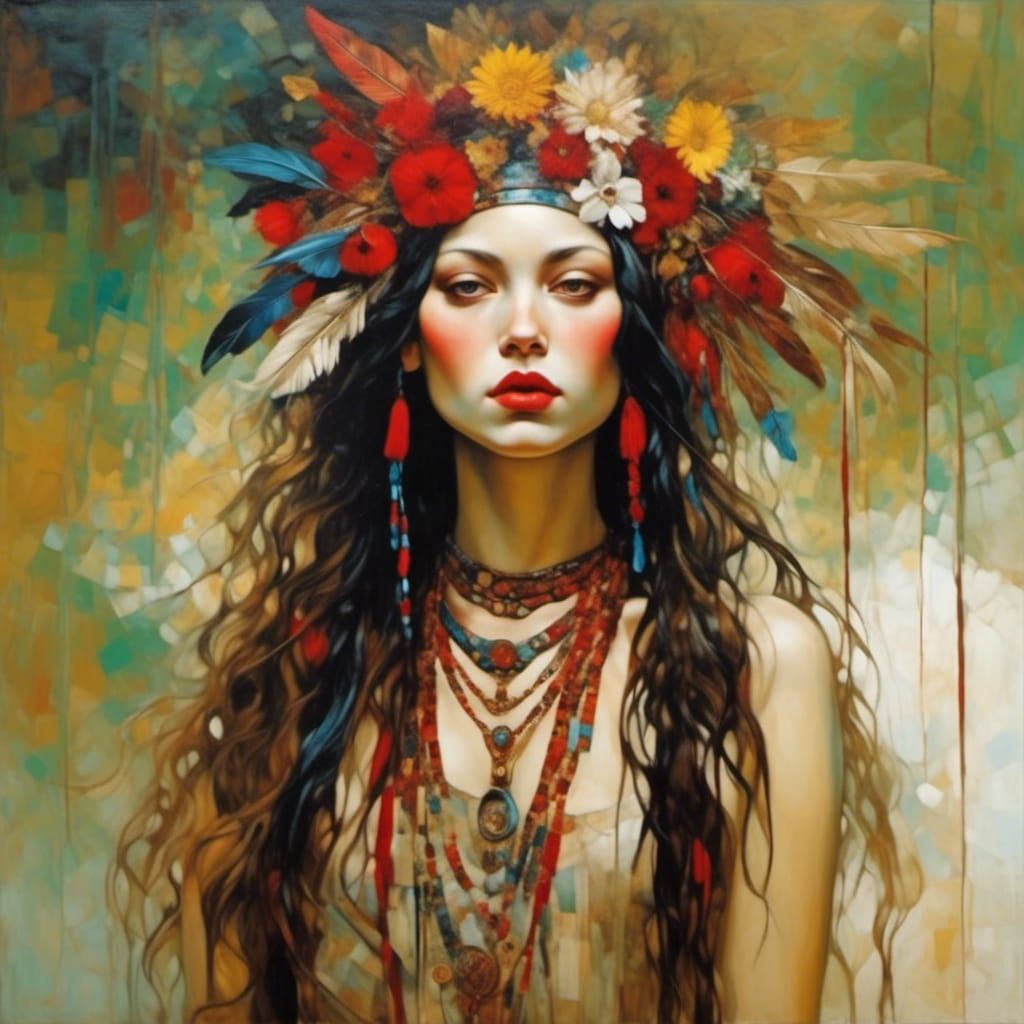Psychedelic Cherokee Woman, Klimt and Caravaggio Style