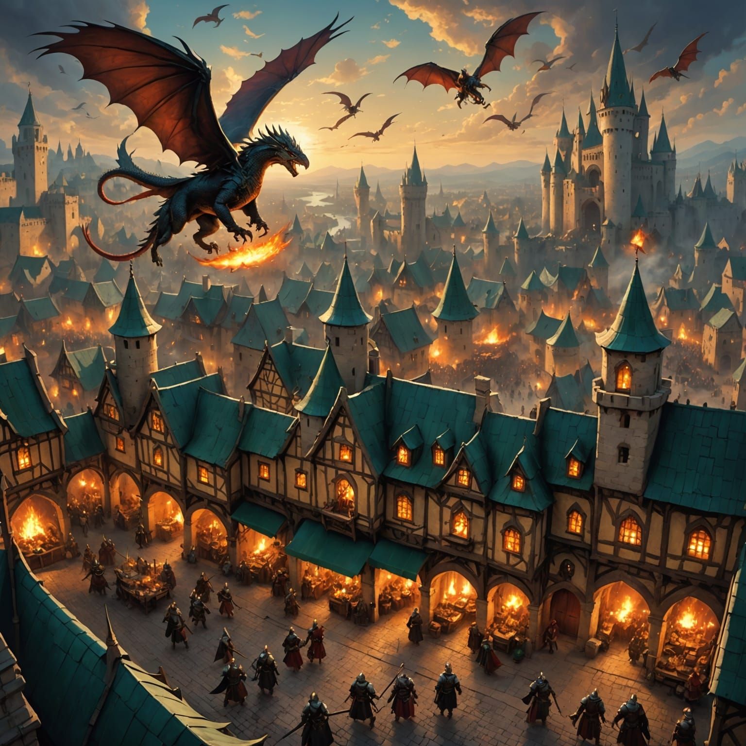 Epic Aerial Battle: Knights vs Dragons Above Medieval City