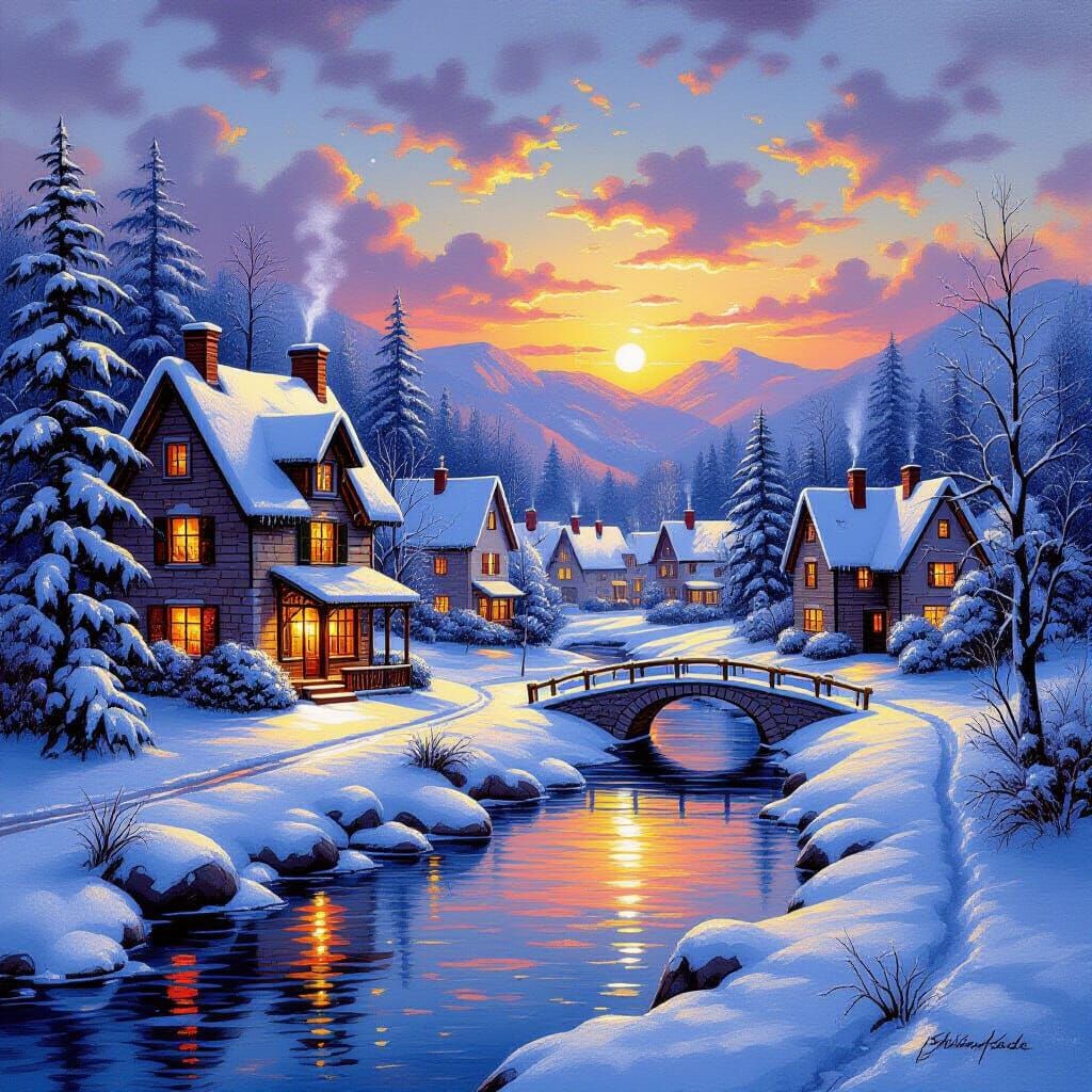 Charming Snowy Village at Sunset in Kinkade Style