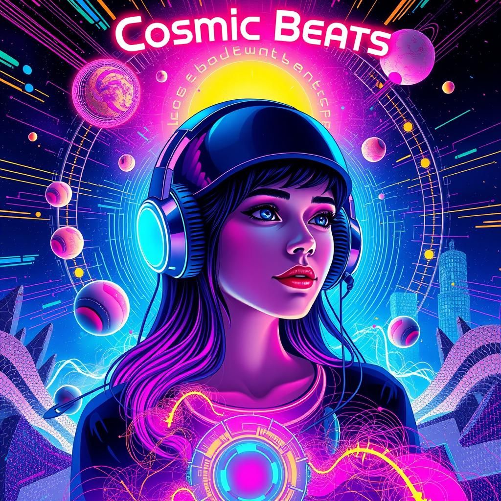 Psychedelic Woman in Futuristic Digital Landscape