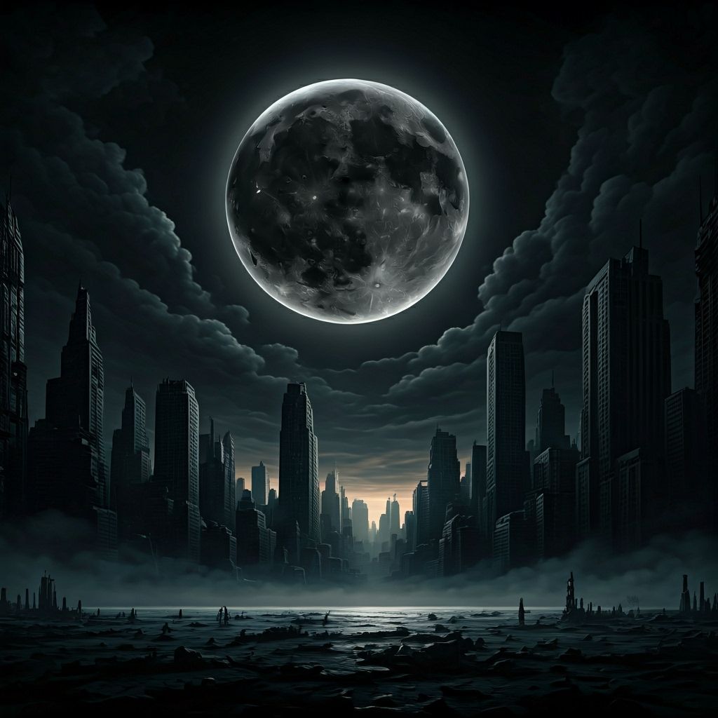 Black Moon Rises Over Apocalyptic Cityscape