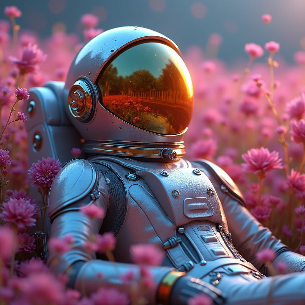 Surreal Astronaut in a Vibrant, Neon-Lit Garden of Iridescen...