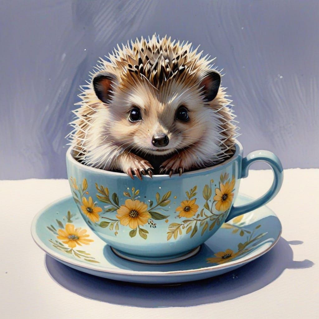 Whimsical Hedgehog in Teacup, Gouache Painting