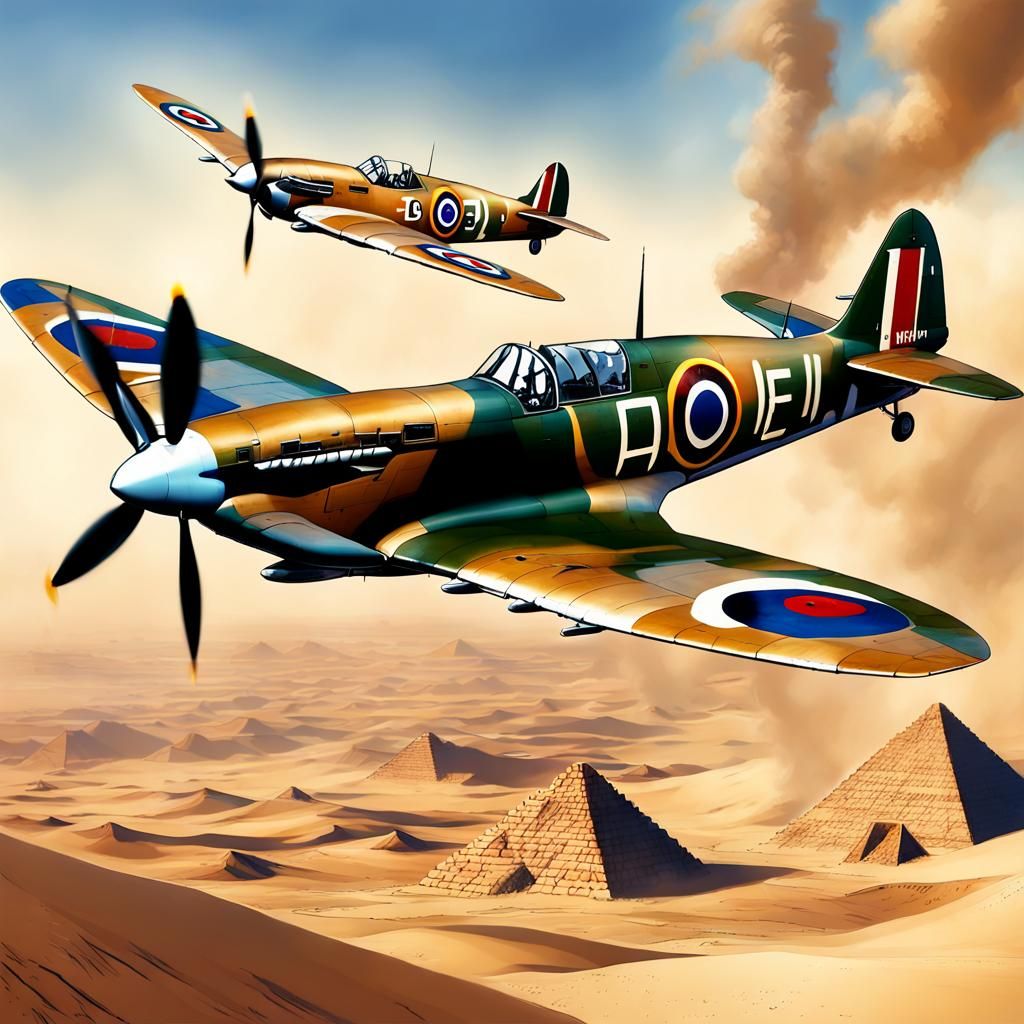 World war 2 spitfire aeroplane flying very low over the desert in front of the pyramids