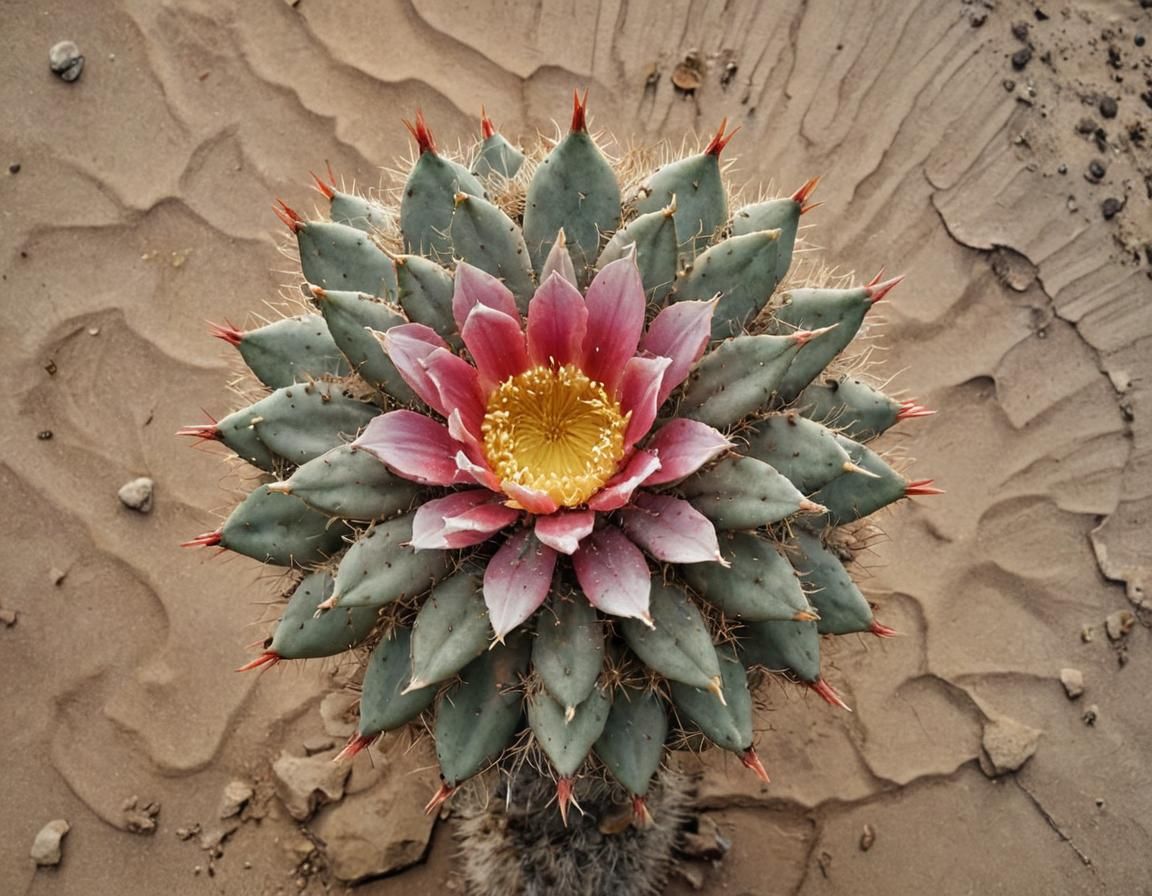 Colorful Cactus Bloom in Desolate Landscape, Watercolor