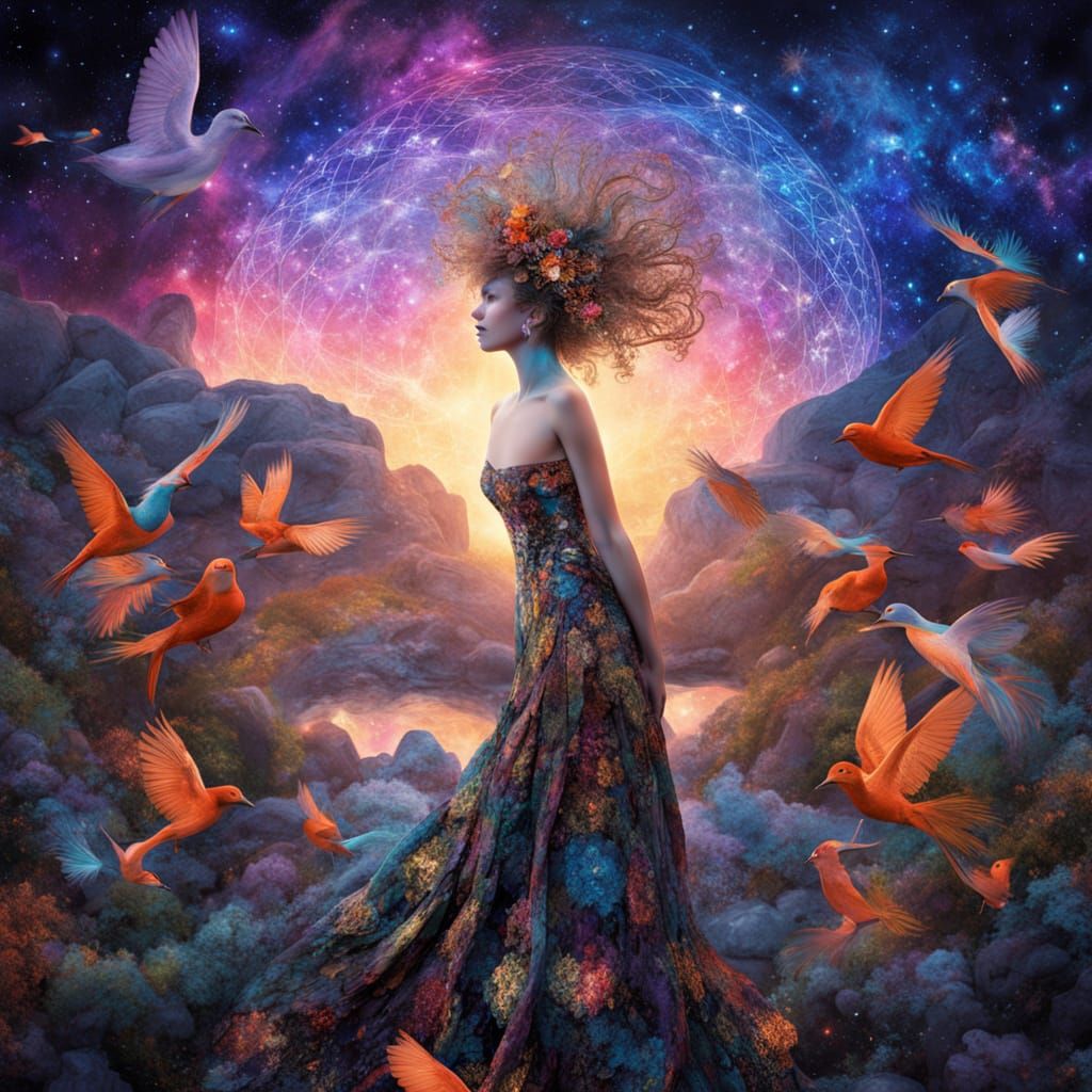 Ethereal Woman Transforms into Birds Amidst Cosmic Garden