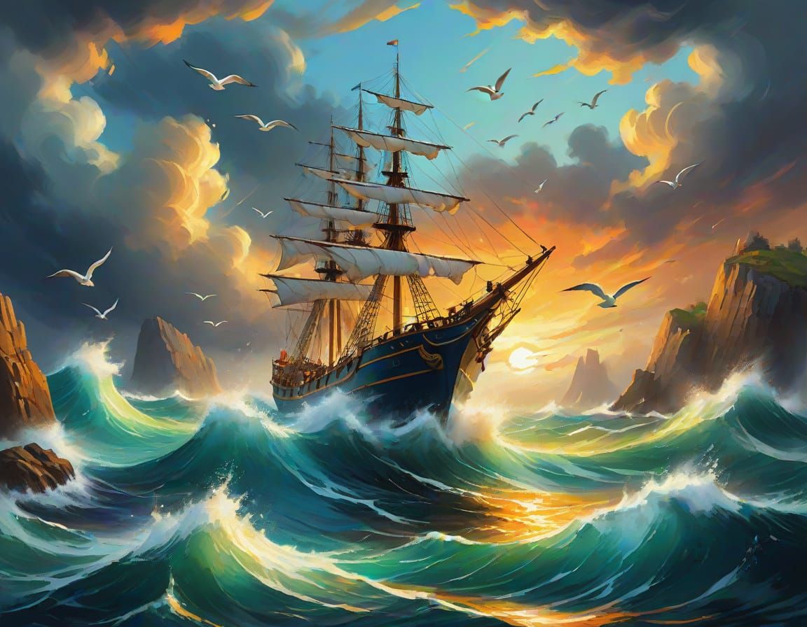 Majestic Seascape in Vibrant Oil Painting Style