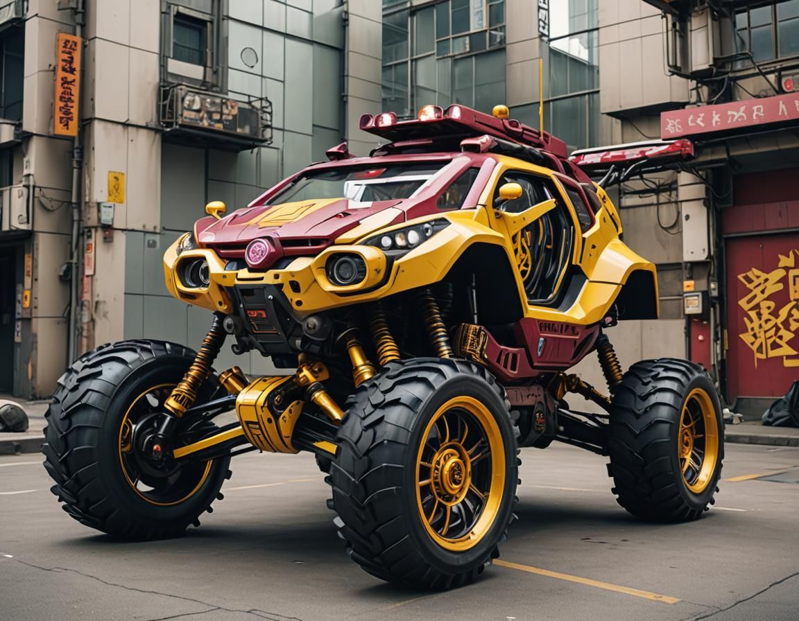 Cyberpunk Buggy with Futuristic Japanese Logos