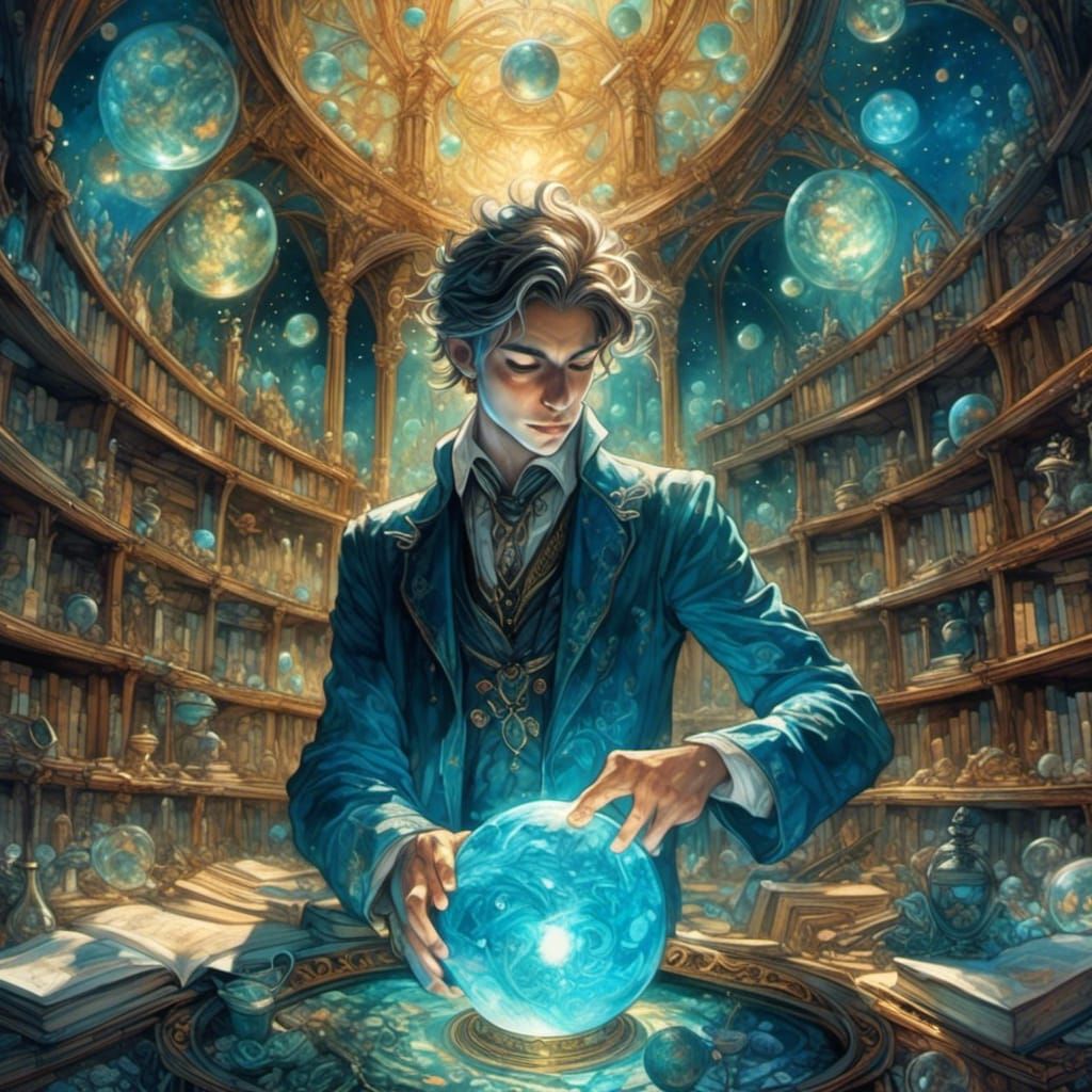 Wizard Studying Orb in Fantasy Library
