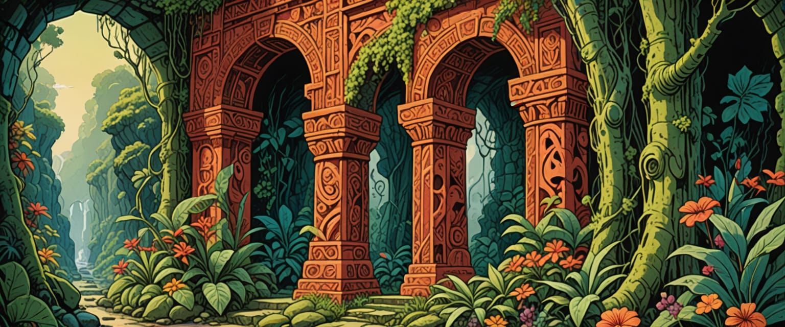Exotic Papua New Guinea Tiki Tunnels in Gouache