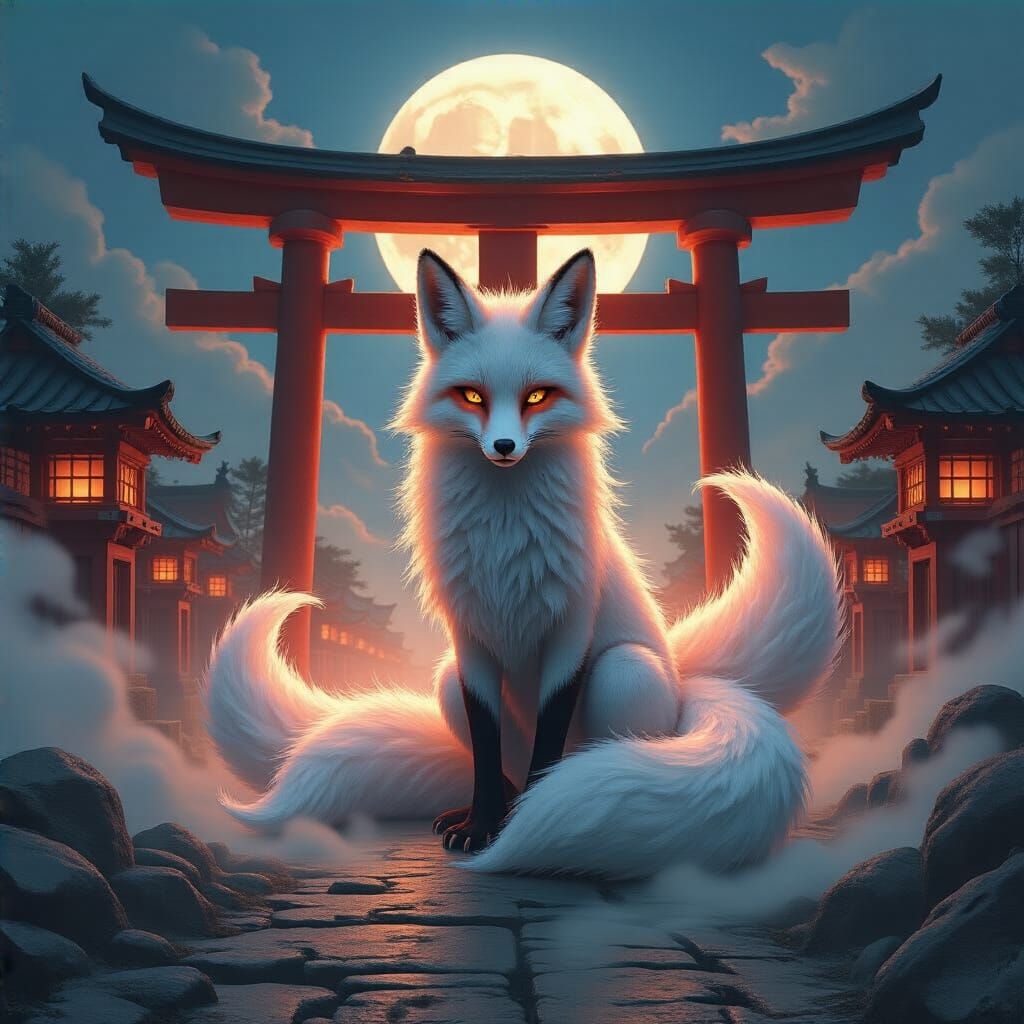 Mystical Kitsune Spirit in Twilight Ukiyo-e Style