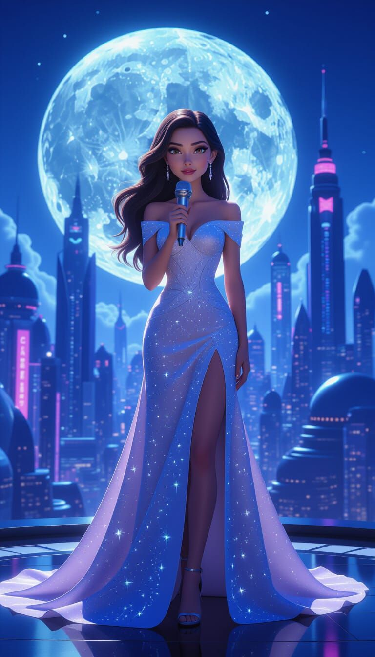 Woman with Starlight Gown Holds Mic in Neon Lunar City