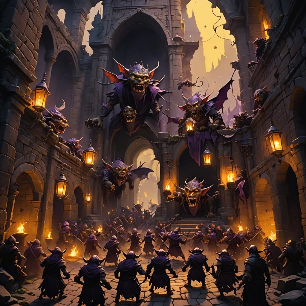 Dark Fantasy Goblin Horde Swarms Ruined Castle Courtyard