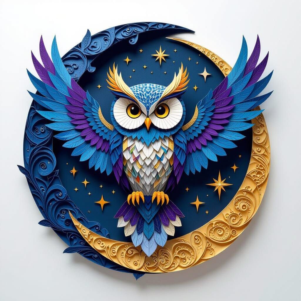 Kirigami Owl and Moon in Cosmic Nebula