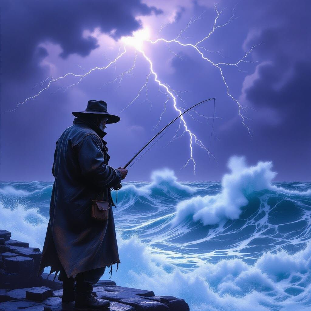 Fisherman in Stormy Sea: Dramatic Realism
