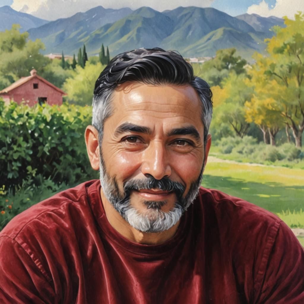 Smiling Man with Red Velvet Shirt as Impasto Painting
