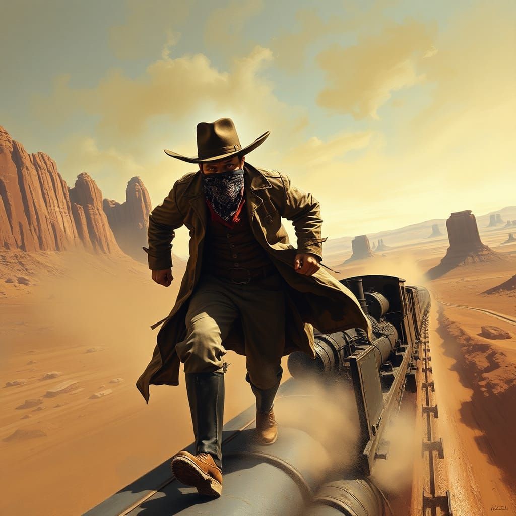 Cowboy Silhouetted on Speeding Train in Old West Landscape