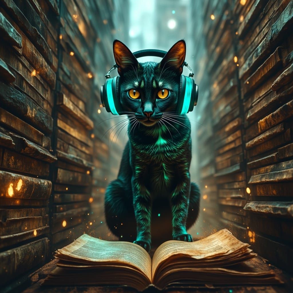 Futuristic Cat with Glowing Headphones in Ancient Library