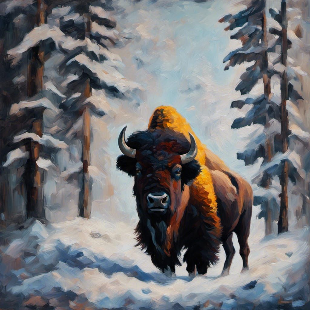 Bison in Snowy Forest as Impressionist Painting