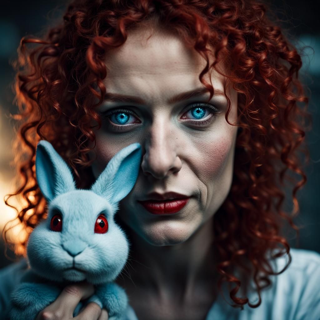 Evil Scientist Woman Hugs Angry Rabbit