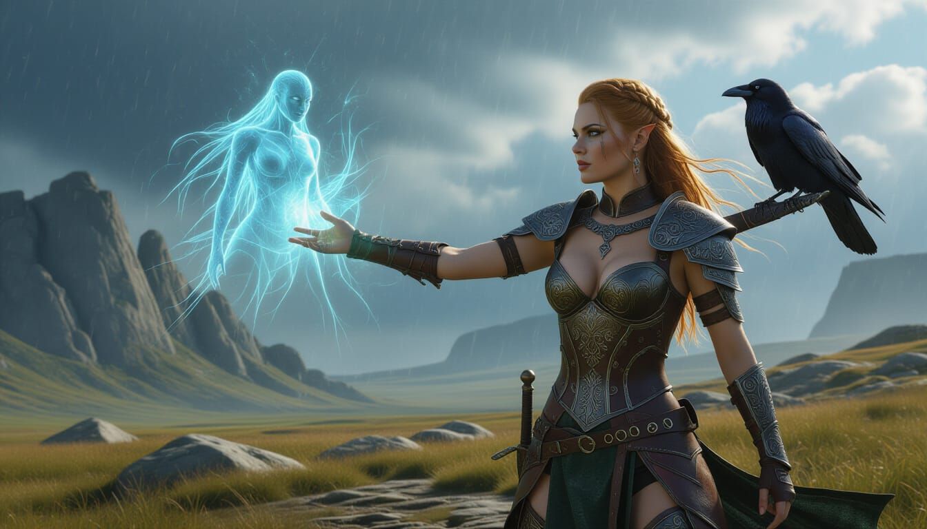 Sorceress Summoning Spectral Fylgia in Northern Landscape