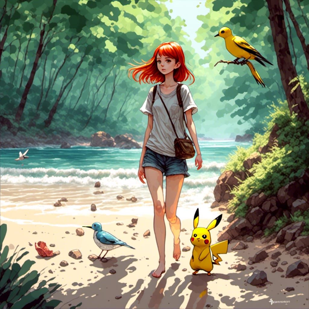 Woman on Beach in Pokemon Anime Style