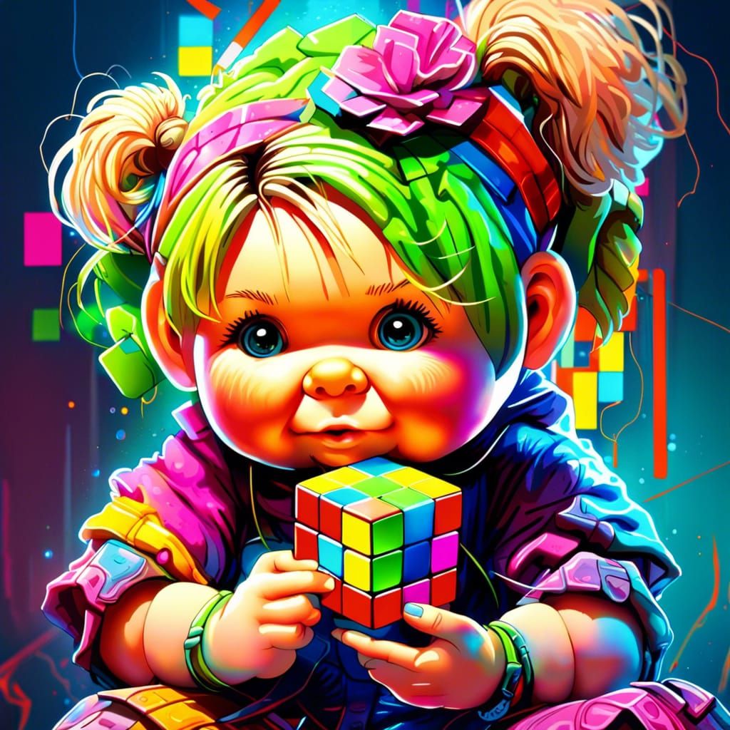 Cabbage Patch Doll with Rubik's Cube in Neon 80s Style